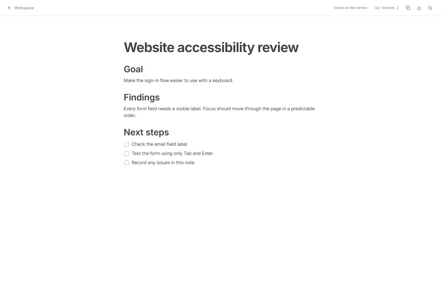 The real standalone note view. Workspace returns to the dashboard; Sources opens references when needed.