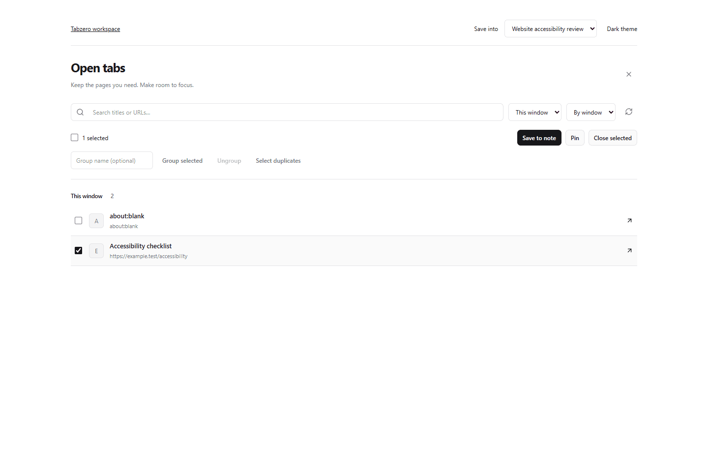 Tab manager with an existing note selected in Save into, and one reference selected for Save to note.