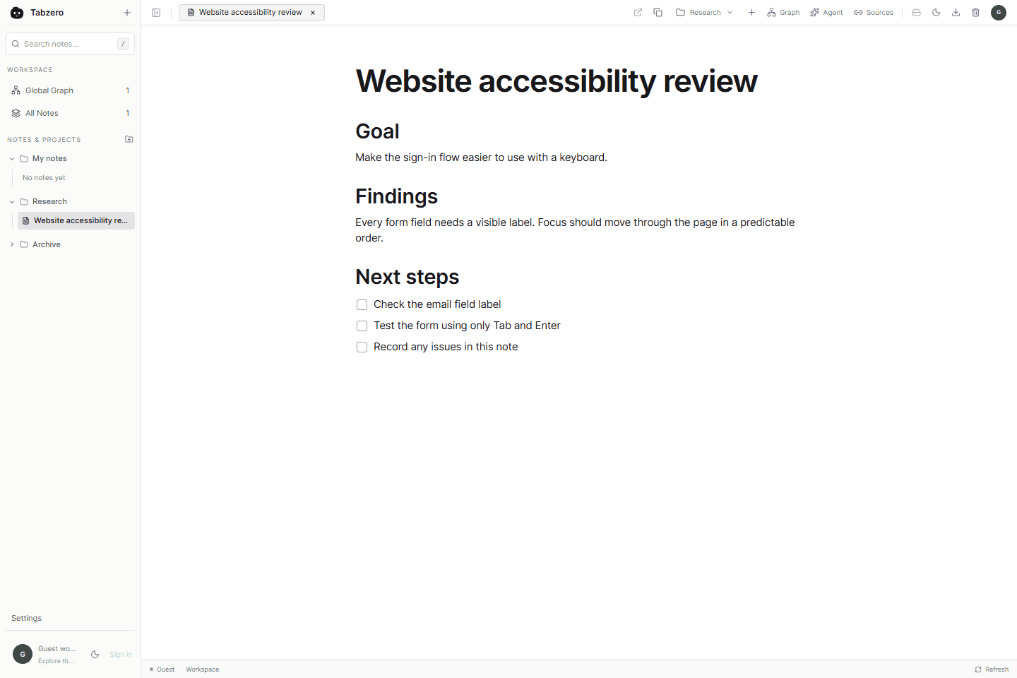 The real dashboard: folders on the left, one note in the center, and Sources in the top toolbar.